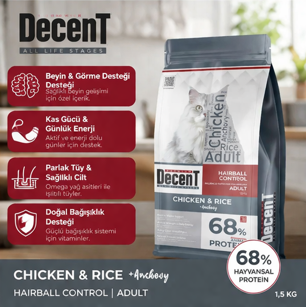 Decent Tavuklu Yetişkin Kedi Maması 1,5 Kg Hairball Control Tavuk & Pirinç Yetişkin Kedi Maması