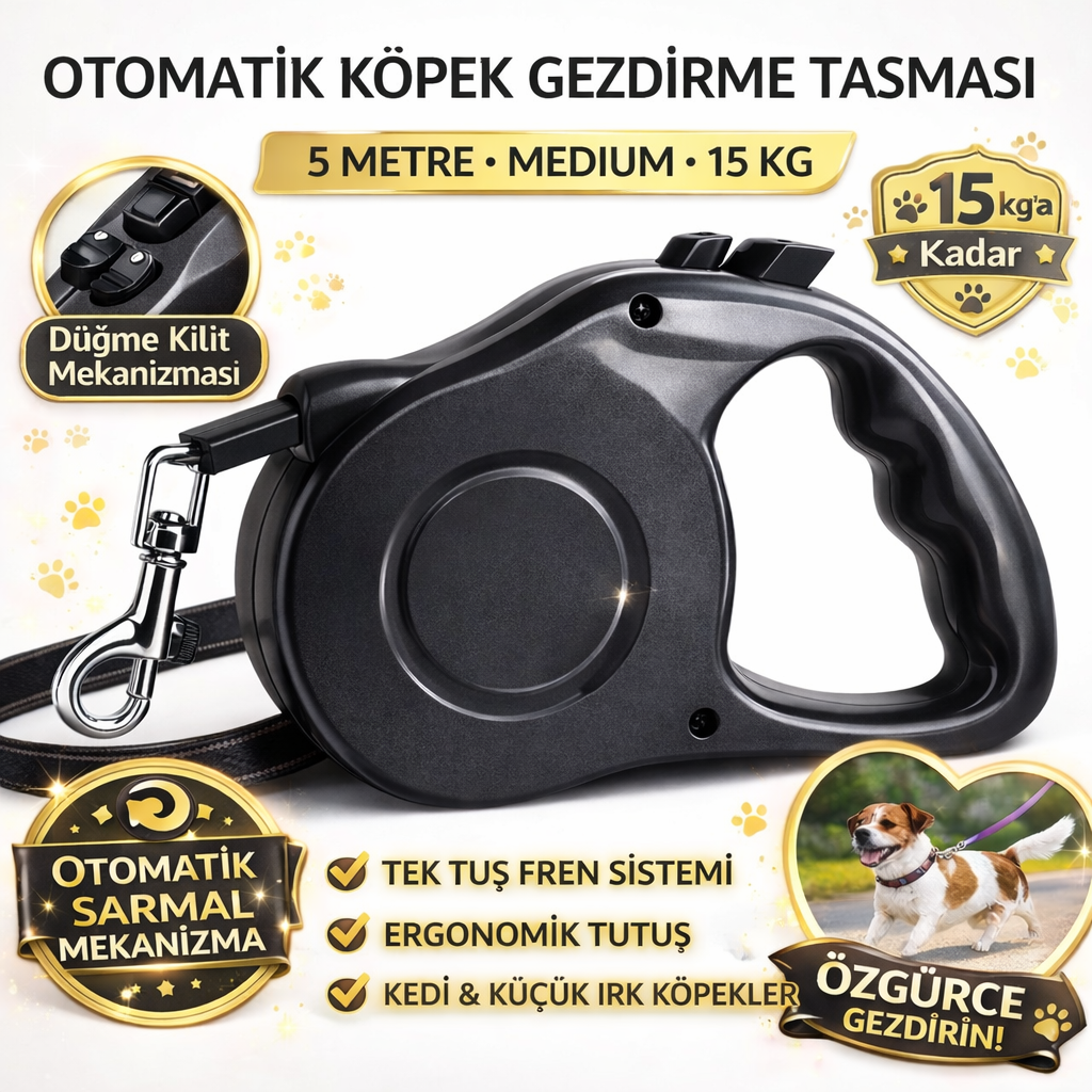 Karamel Pet Otomatik Köpek Gezdirme Tasması Medium 5 Metre 15 kg Siyah