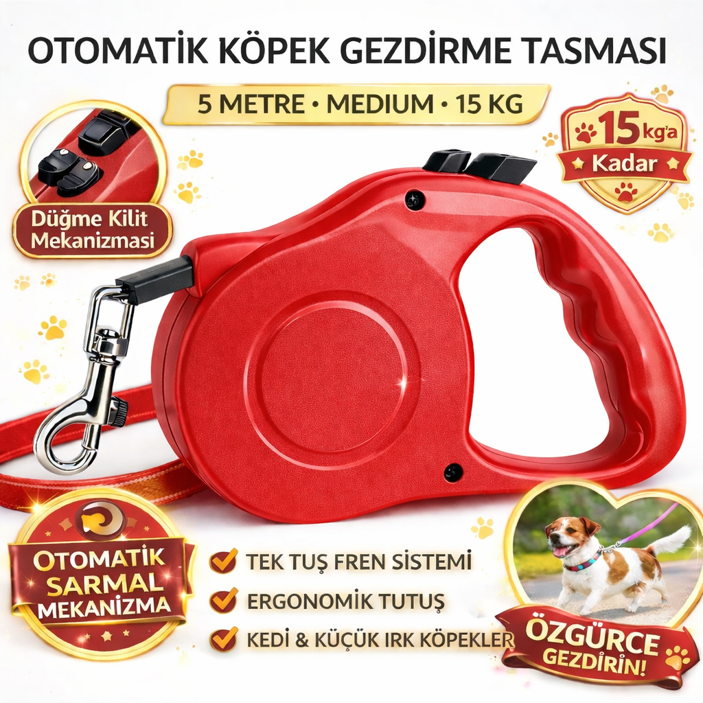 Karamel Pet Otomatik Köpek Gezdirme Tasması Medium 5 Metre 15 kg Kırmızı