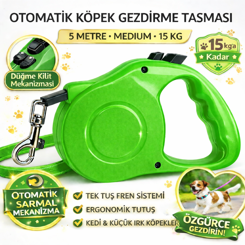 Karamel Pet Otomatik Köpek Gezdirme Tasması Medium 5 Metre 15 kg Yeşil