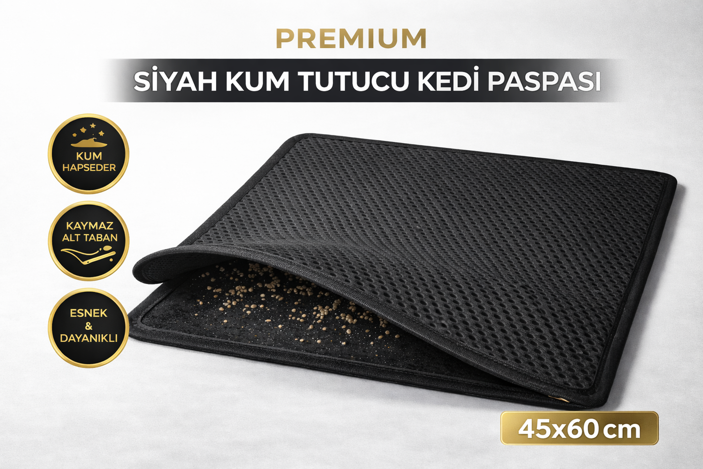 Kedi Elekli Tuvalet Önü Kum Tutucu Paspas 45 cm - 60 cm Siyah