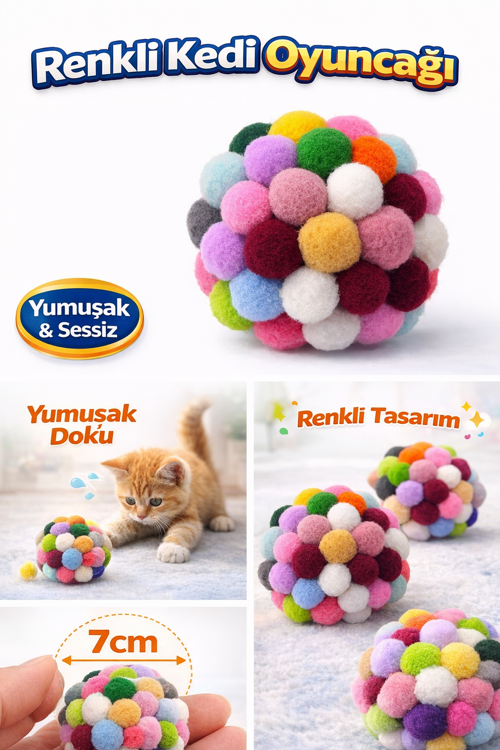 Renkli Ponpon Kedi Oyuncak Topu 7 cm ( 2 Adet ) – Yumuşak Sessiz Kedi Oyun Topu