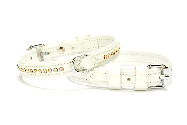 Doggie Flotter Deri Swarovski Kristal Taşlı Köpek Boyun Tasması 1,5 x 24-30 cm Beyaz