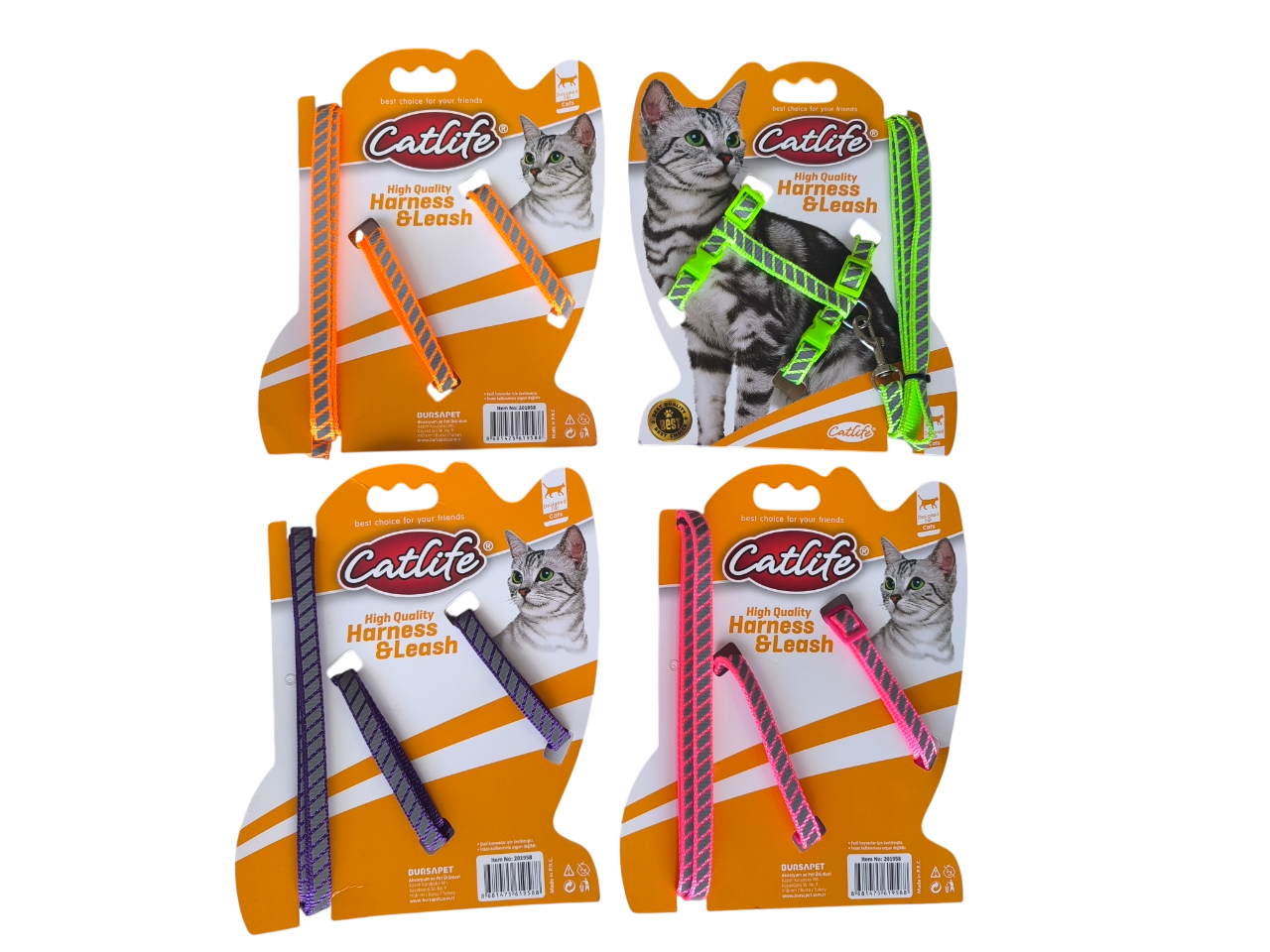 Catlife Fosforlu Şeritli Kedi Göğüs Bel Tasması + Gezdirme İpi