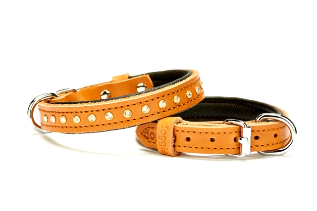Doggie Konforlu Deri Swarovski Kristal Taşlı Köpek Boyun Tasması 1,5 x 20-26 cm Kamel