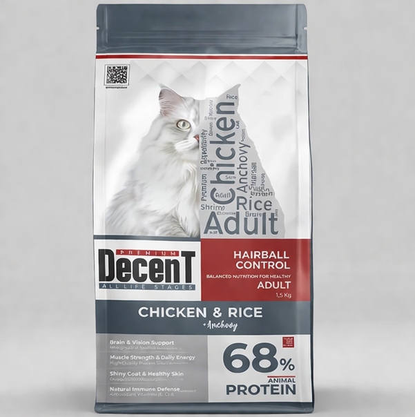 Decent Tavuklu Yetişkin Kedi Maması 1,5 Kg Hairball Control Tavuk & Pirinç Yetişkin Kedi Maması