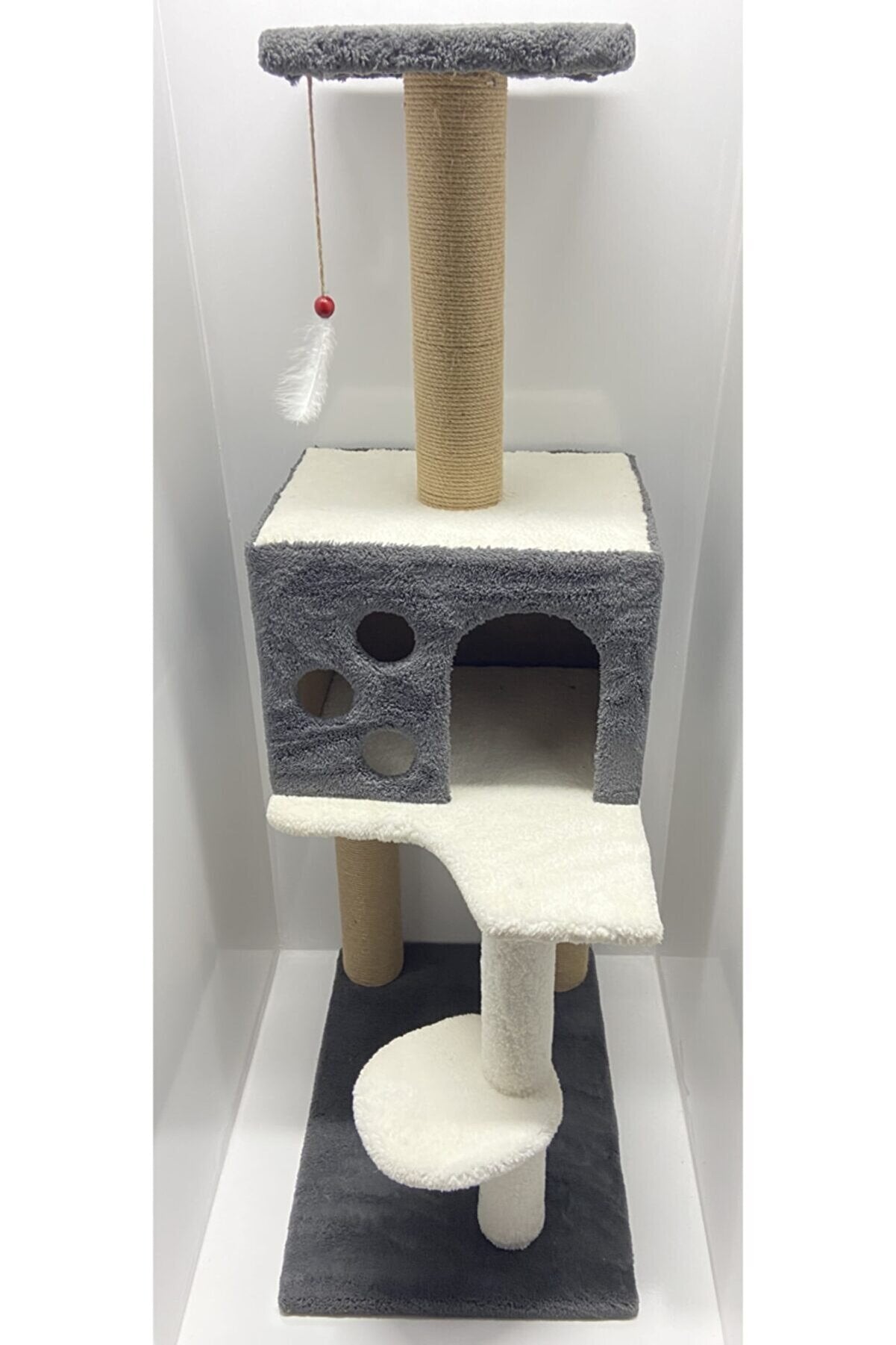 Markapet 3 Katlı Kedi Tırmalama Tahtası + Kedi Evi 40 x 55 x 127 cm Gri