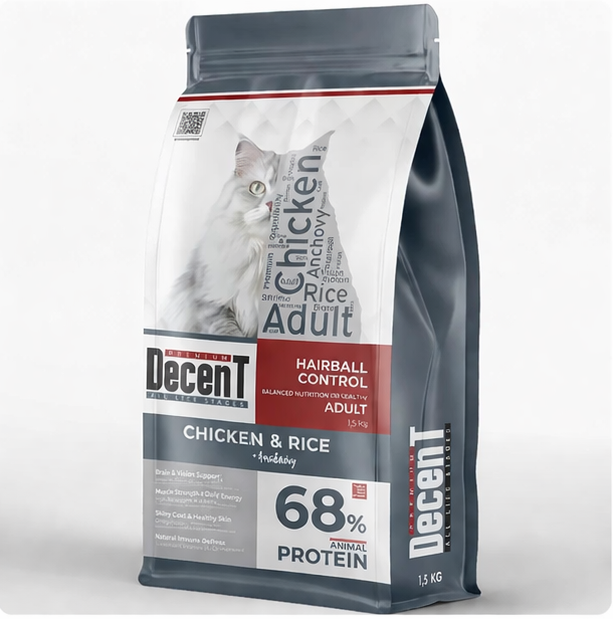 Decent Tavuklu Yetişkin Kedi Maması 1,5 Kg Hairball Control Tavuk & Pirinç Yetişkin Kedi Maması