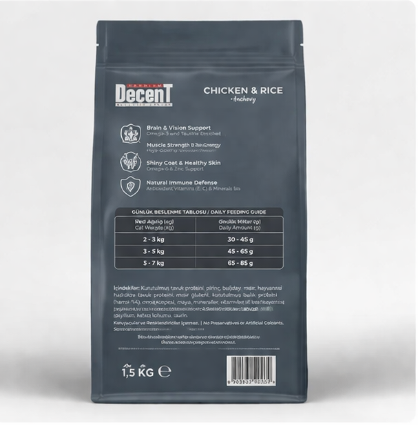 Decent Tavuklu Yetişkin Kedi Maması 1,5 Kg Hairball Control Tavuk & Pirinç Yetişkin Kedi Maması