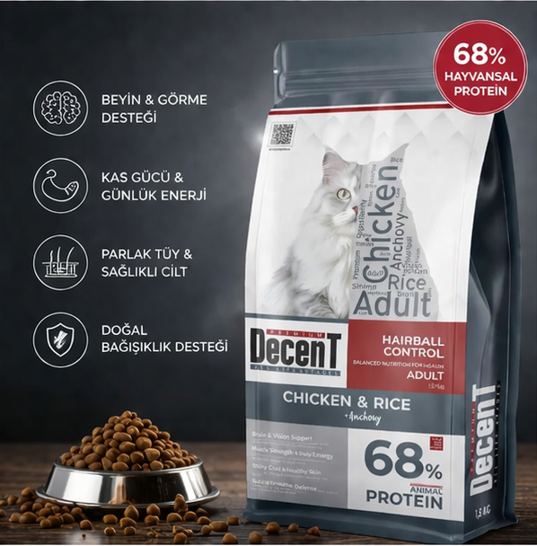 Decent Tavuklu Yetişkin Kedi Maması 1,5 Kg Hairball Control Tavuk & Pirinç Yetişkin Kedi Maması