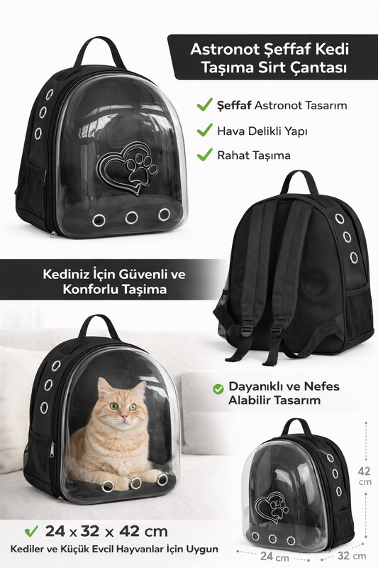 Kalpli Patili Astronot Şeffaf Taşıma Sırt Çantası Siyah 24x32x42 cm