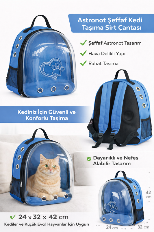 Kalpli Patili Astronot Şeffaf Taşıma Sırt Çantası Mavi 24x32x42 cm