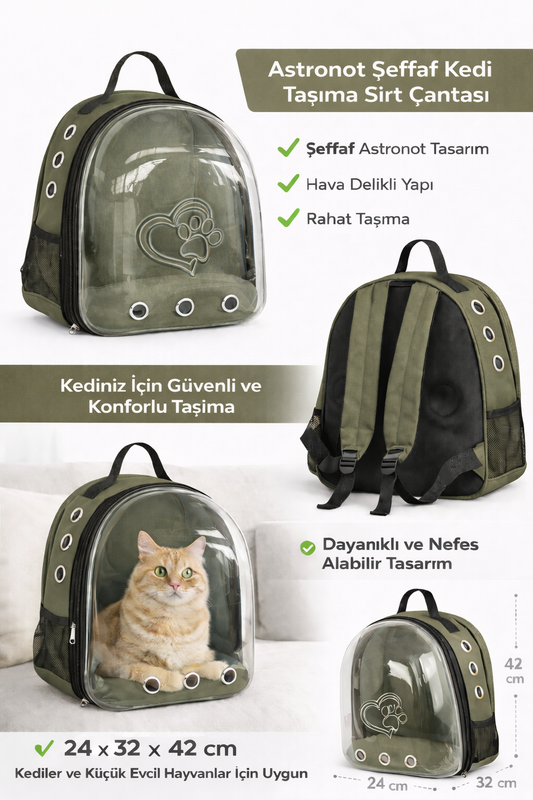 Kalpli Patili Astronot Şeffaf Taşıma Sırt Çantası Haki 24x32x42 cm