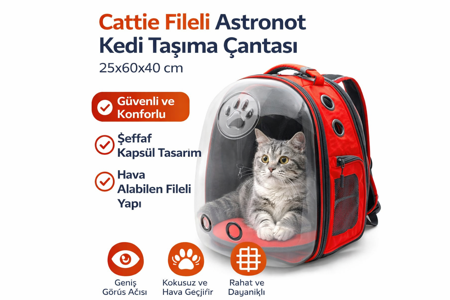 Cattie Fileli Astronot Kedi Taşıma Çantası 25x60x40cm Kırmızı