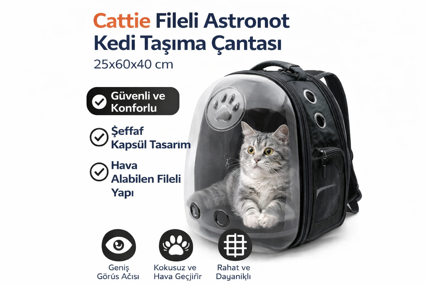 Cattie Fileli Astronot Kedi Taşıma Çantası 25x60x40cm Siyah