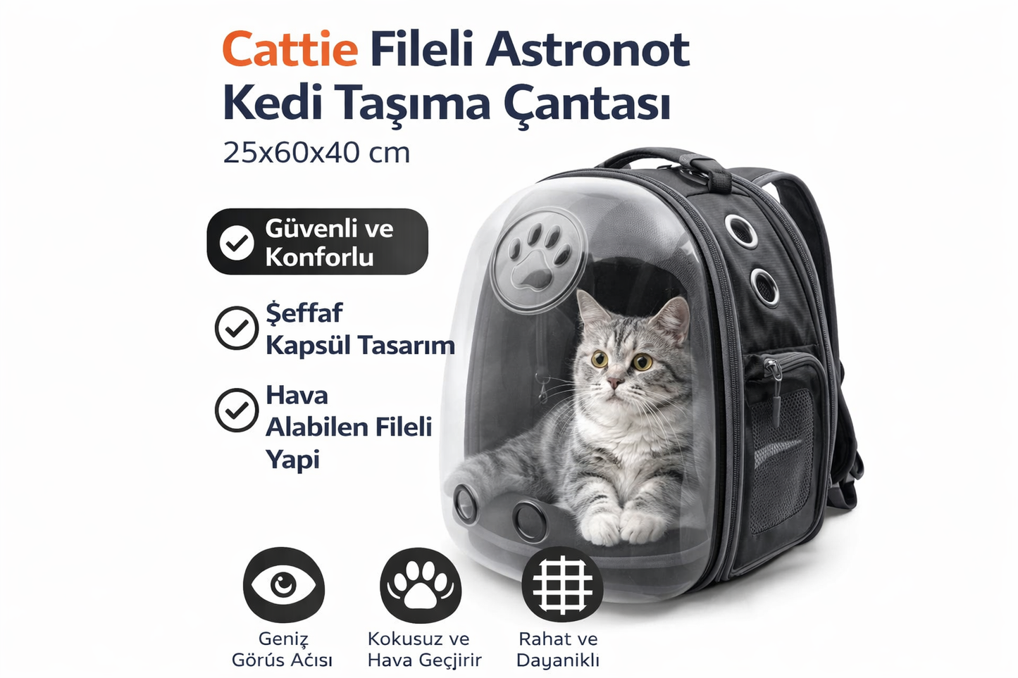 Cattie Fileli Astronot Kedi Taşıma Çantası 25x60x40cm Siyah