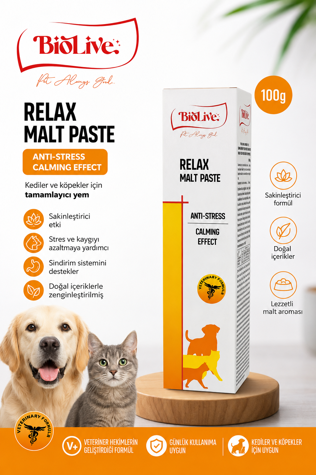 BioLive Relax Malt Paste Kedi ve Köpekler İçin Anti-Stress Malt Macunu 100 g