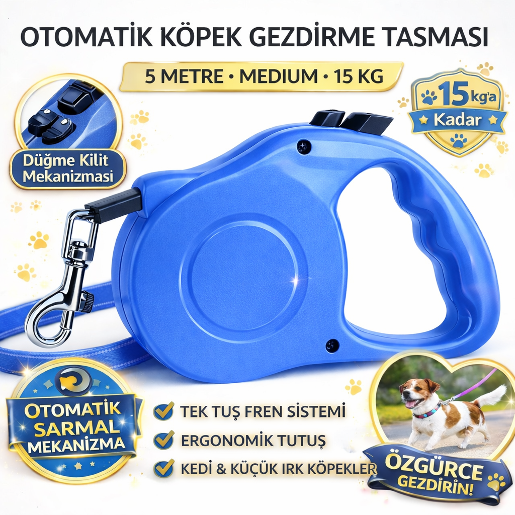 Karamel Pet Otomatik  Köpek Gezdirme Tasması Medium 5 Metre 15 kg Mavi