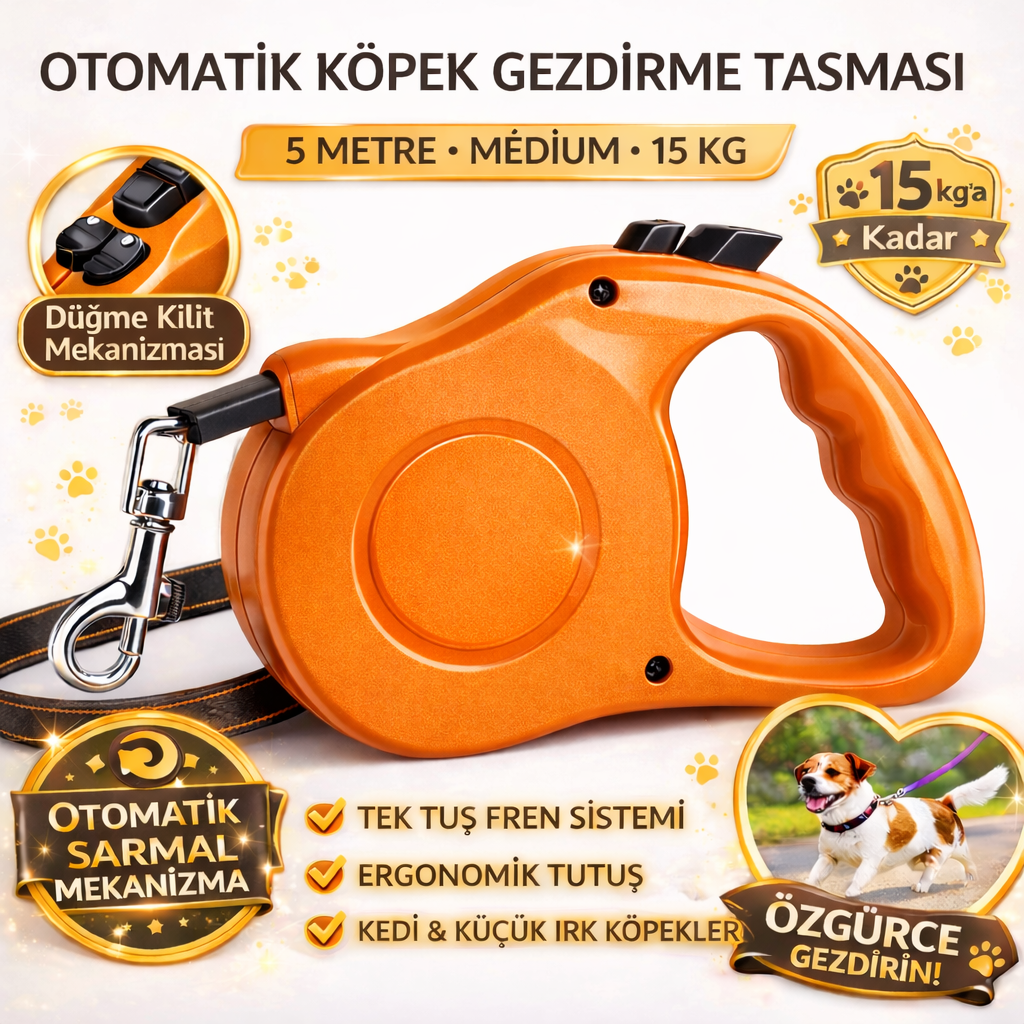 Karamel Pet Otomatik  Köpek Gezdirme Tasması Medium 5 Metre 15 kg Turuncu