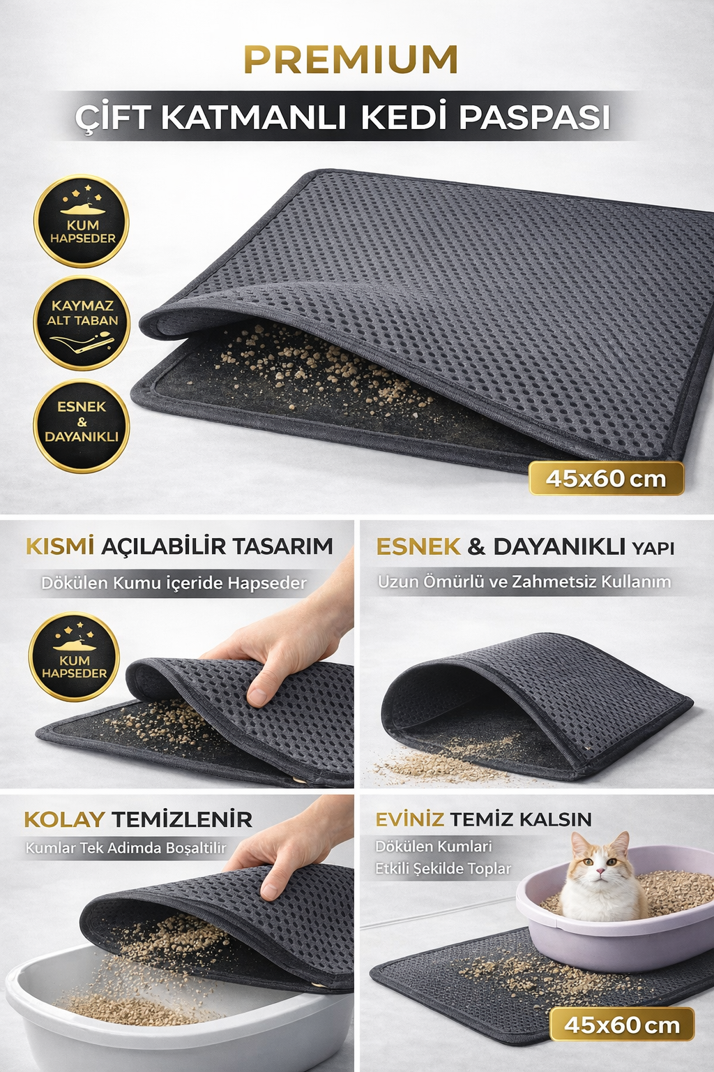 Kedi Elekli Tuvalet Önü Kum Tutucu Paspas  45 cm - 60 cm Gri
