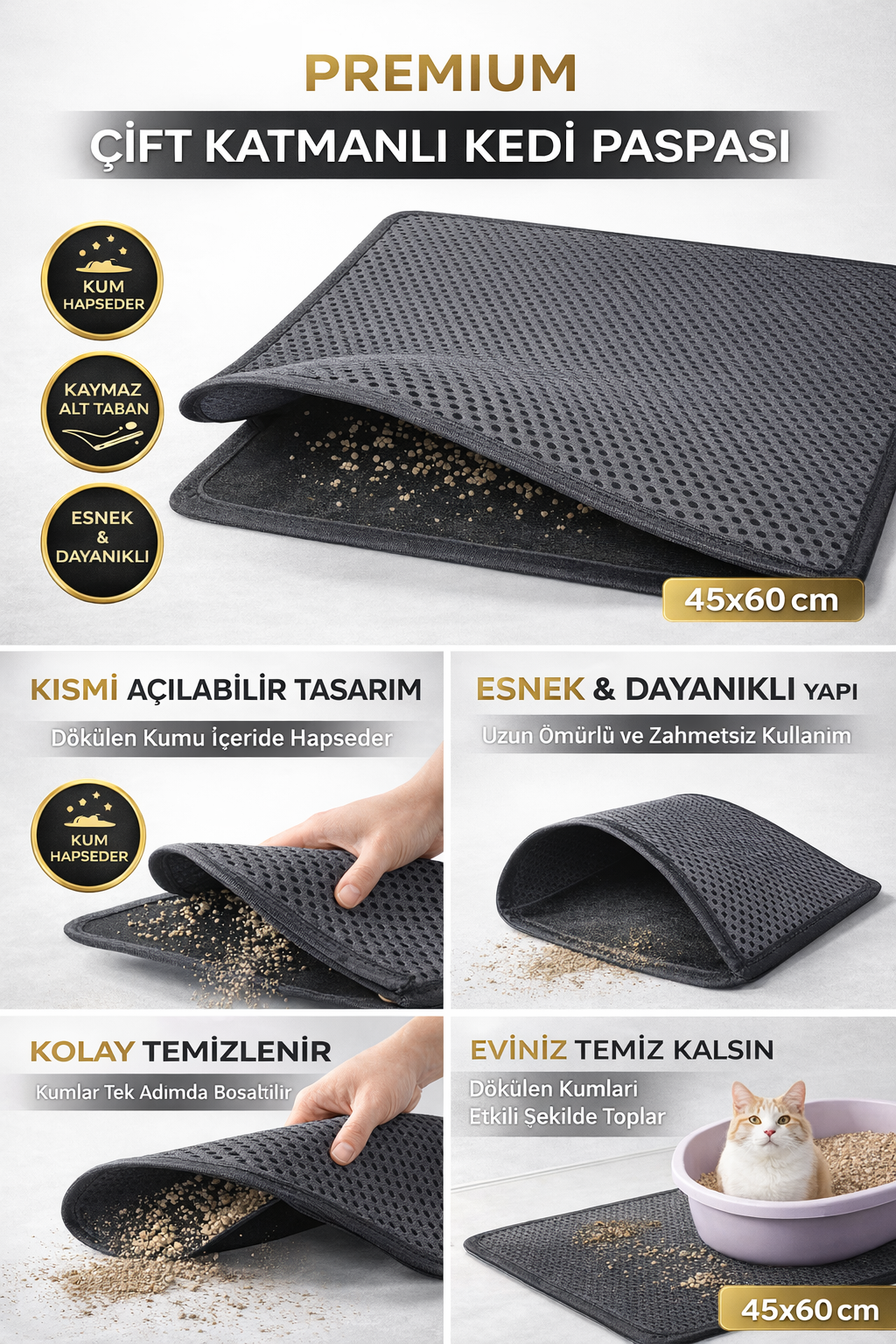 Kedi Elekli Tuvalet Önü Kum Tutucu Paspas  45 cm - 60 cm Gri