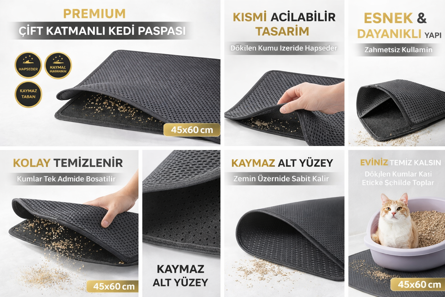 Kedi Elekli Tuvalet Önü Kum Tutucu Paspas  45 cm - 60 cm Gri