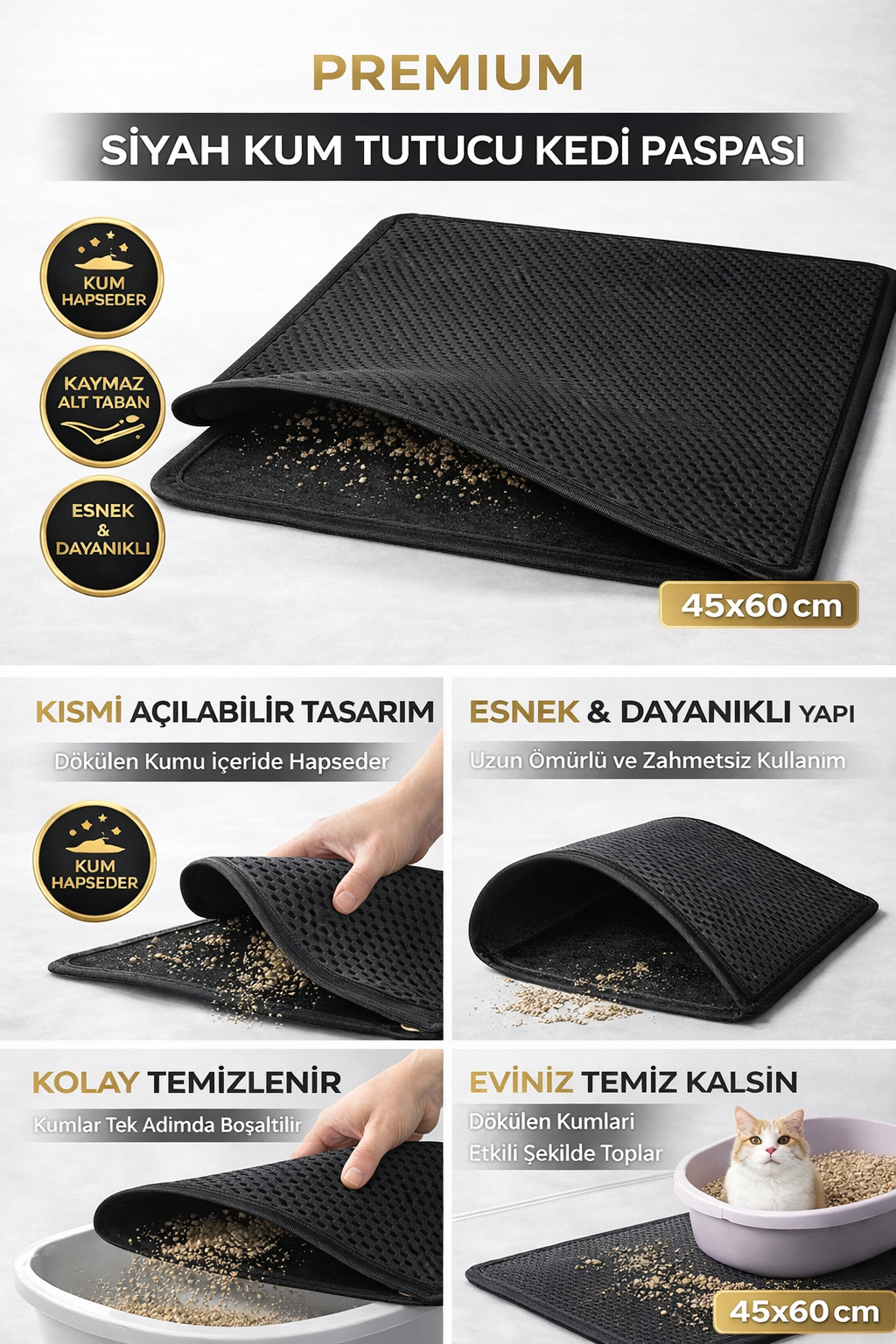 Kedi Elekli Tuvalet Önü Kum Tutucu Paspas  45 cm - 60 cm Siyah