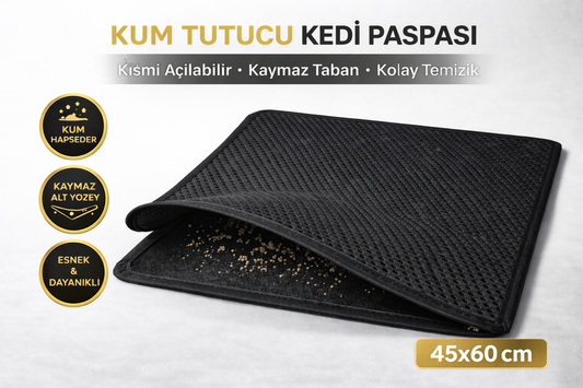 Kedi Elekli Tuvalet Önü Kum Tutucu Paspas  45 cm - 60 cm Siyah