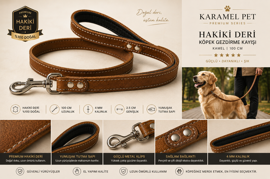 Premium Hakiki Deri Köpek Gezdirme Kayışı Kamel 100 cm Yumuşak Dolgulu Tutma Saplı
