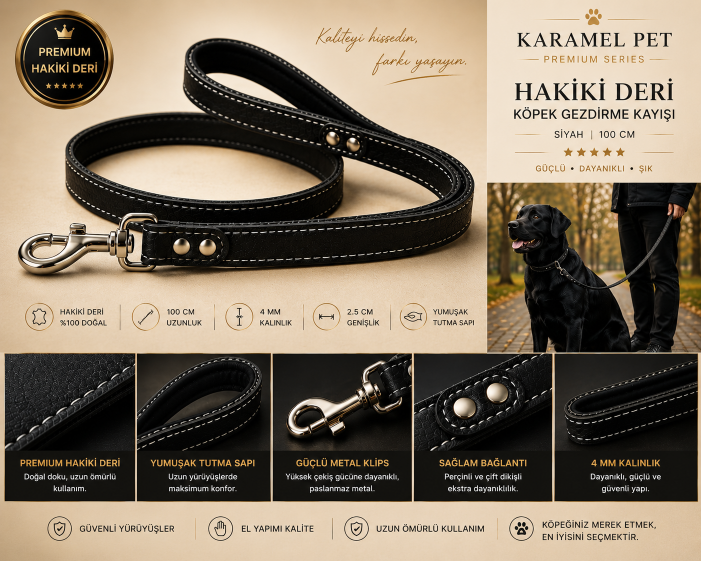 Premium Hakiki Deri Köpek Gezdirme Kayışı Siyah 100 cm Yumuşak Dolgulu Tutma Saplı