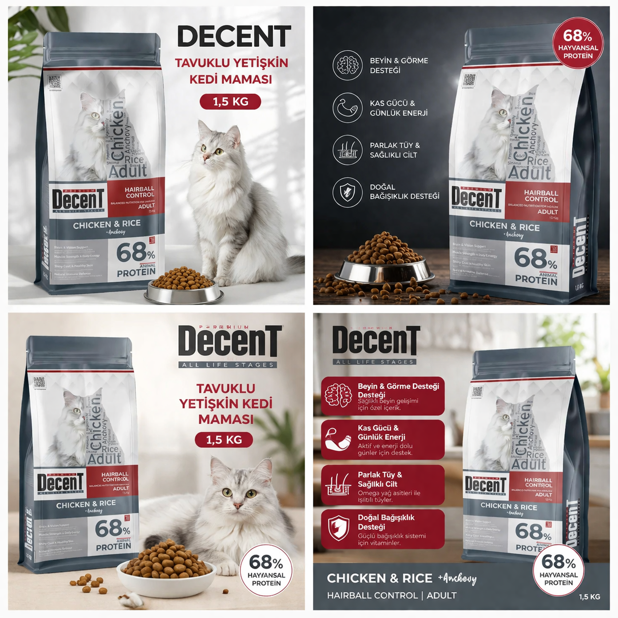 Decent Tavuklu Yetişkin Kedi Maması 1,5 Kg Hairball Control Tavuk & Pirinç Yetişkin Kedi Maması