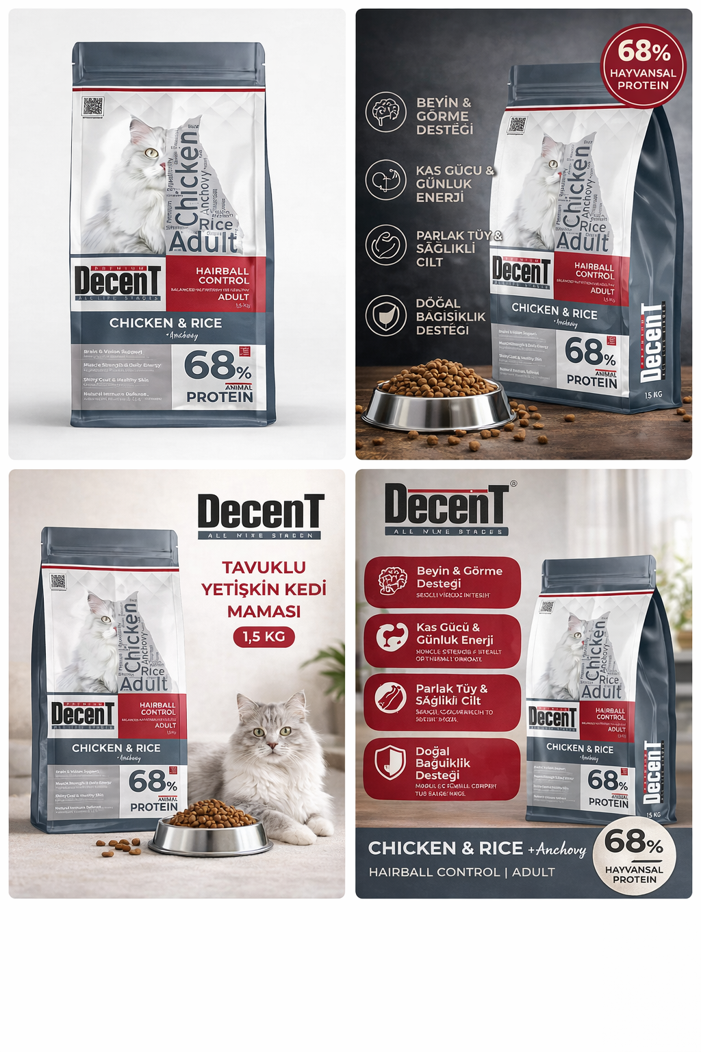 Decent Tavuklu Yetişkin Kedi Maması 1,5 Kg Hairball Control Tavuk & Pirinç Yetişkin Kedi Maması