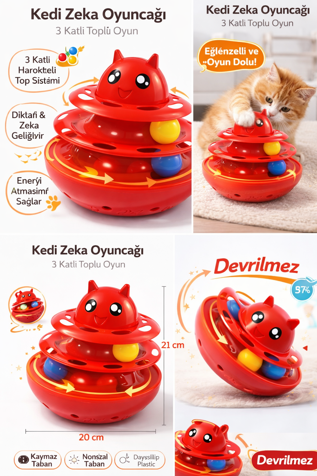 Hacıyatmaz Kedi Oyuncağı 3 Katlı Toplu Zeka Oyuncağı 20x21 cm – Devrilmez Interaktif Mama Oyuncağı
