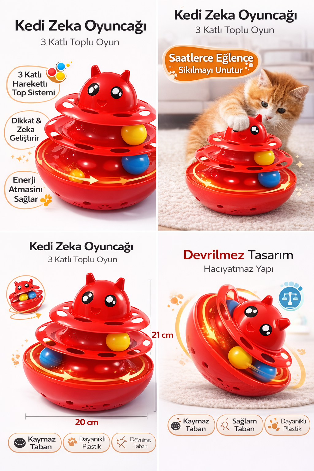 Hacıyatmaz Kedi Oyuncağı 3 Katlı Toplu Zeka Oyuncağı 20x21 cm – Devrilmez Interaktif Mama Oyuncağı