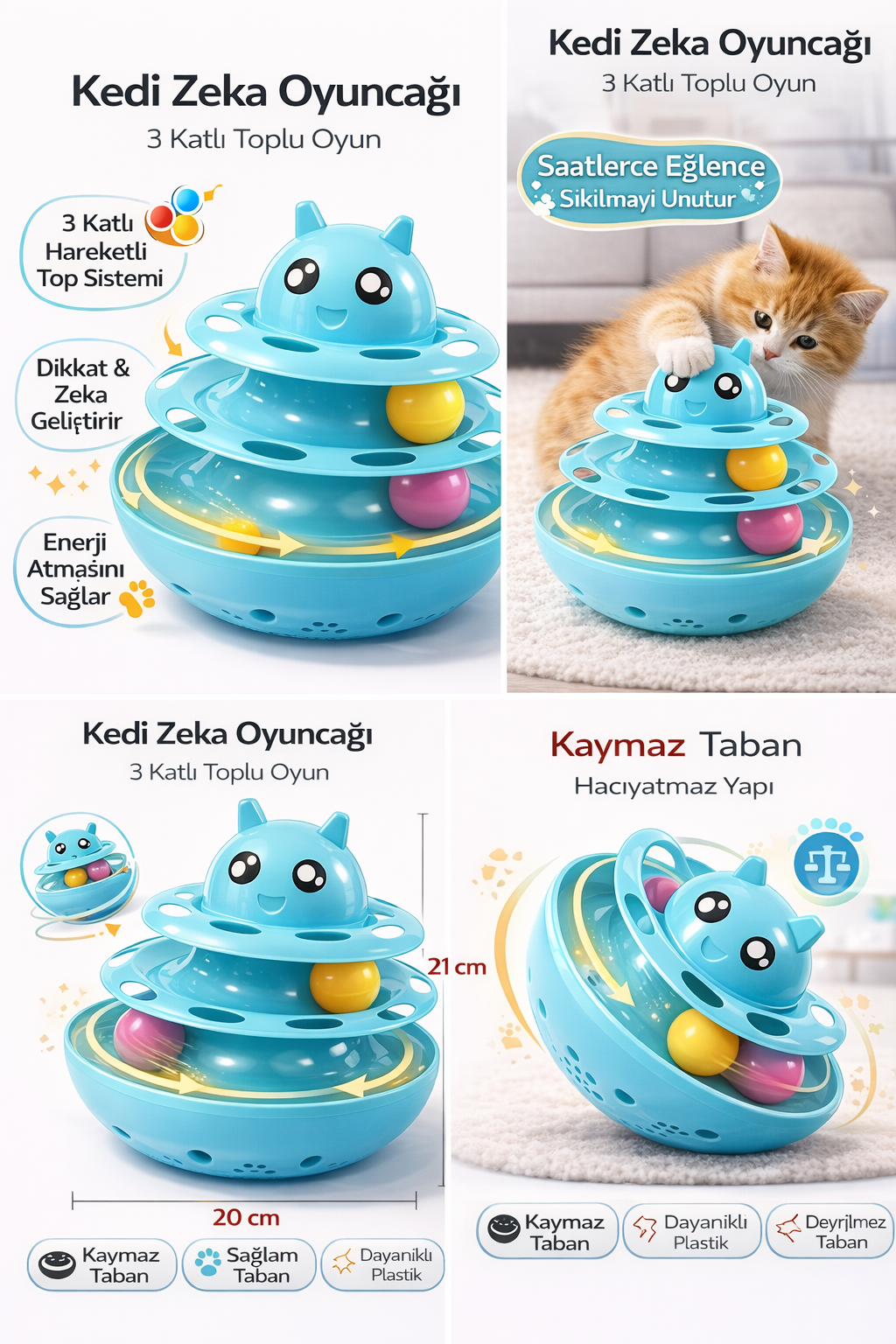 Hacıyatmaz Kedi Oyuncağı 3 Katlı Toplu Zeka Oyuncağı 20x21 cm – Devrilmez Interaktif Mama Oyuncağı