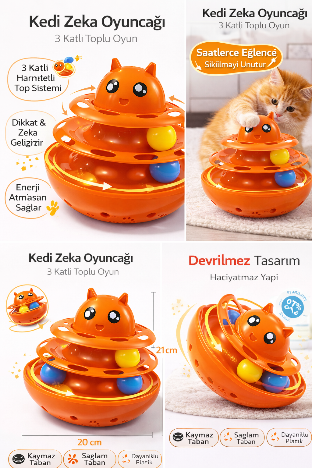 Hacıyatmaz Kedi Oyuncağı 3 Katlı Toplu Zeka Oyuncağı 20x21 cm – Devrilmez Interaktif Mama Oyuncağı