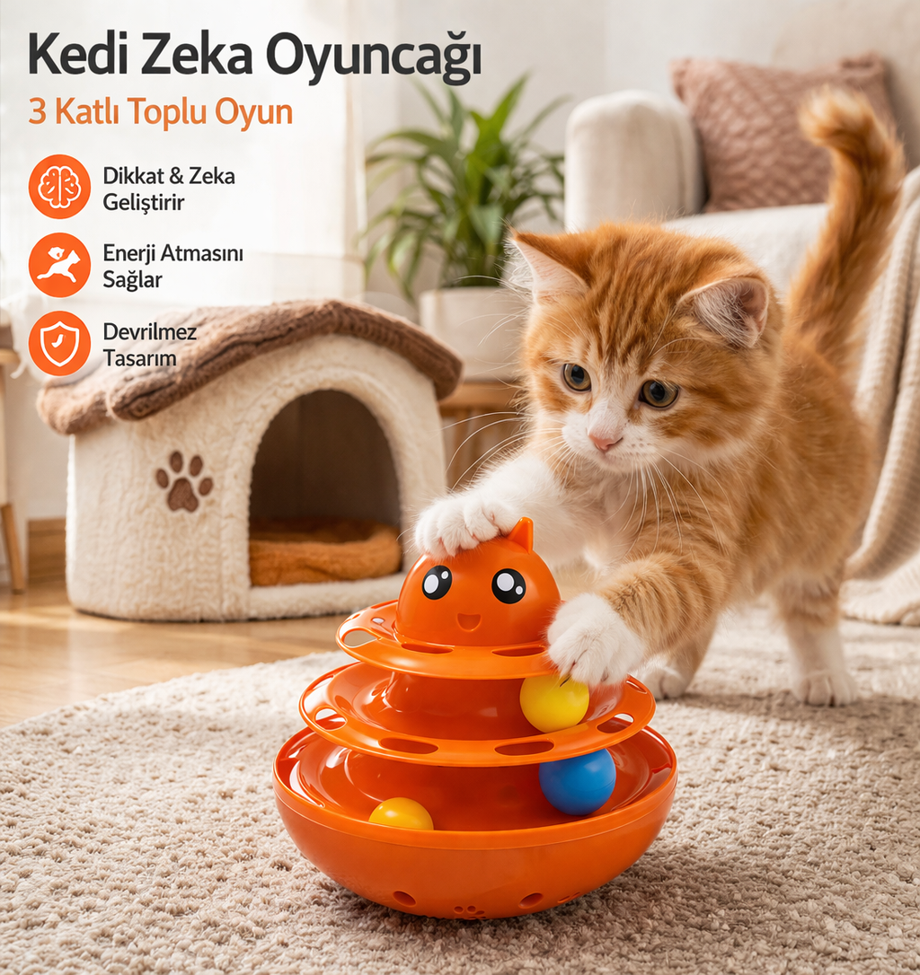 Hacıyatmaz Kedi Oyuncağı 3 Katlı Toplu Zeka Oyuncağı 20x21 cm – Devrilmez Interaktif Mama Oyuncağı