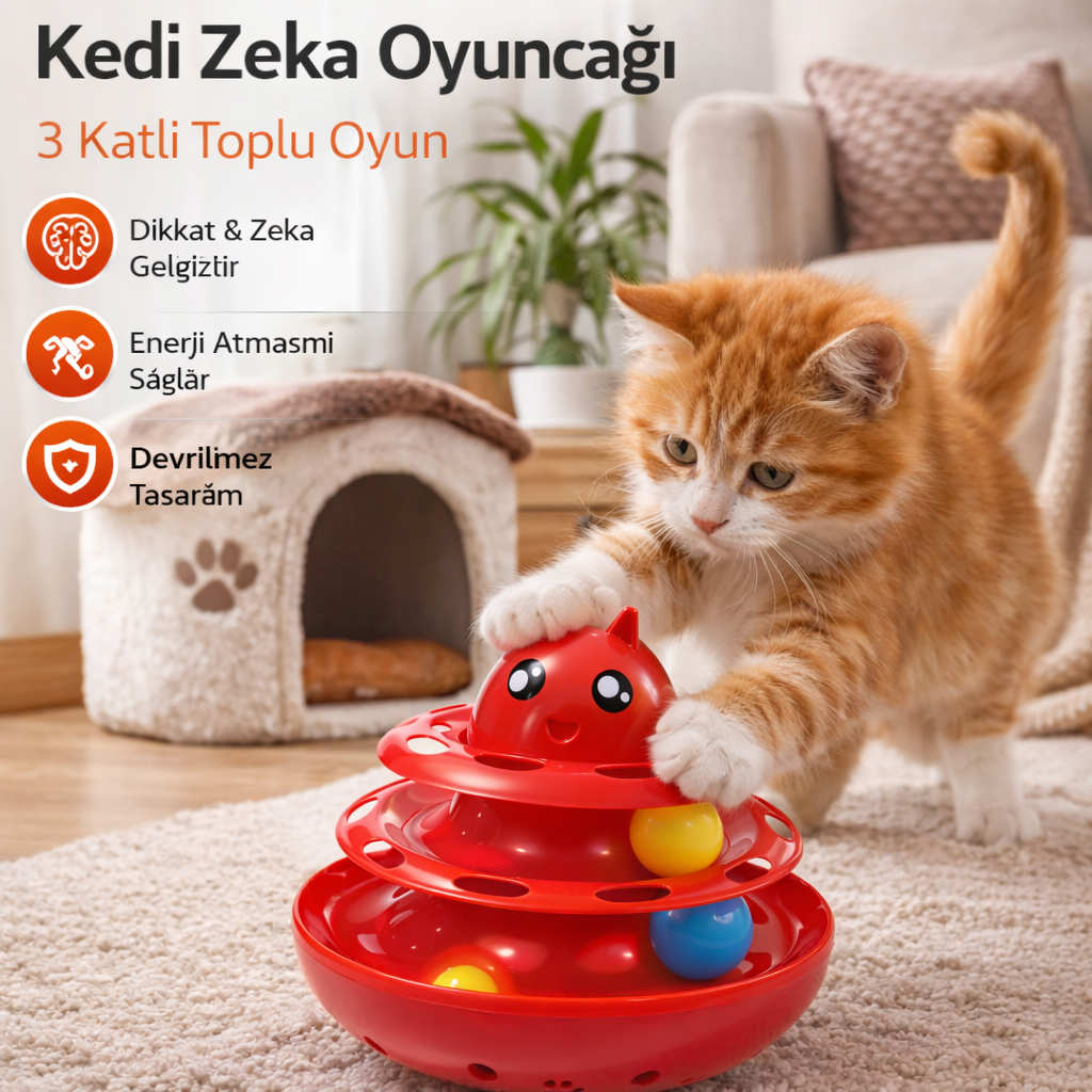 Hacıyatmaz Kedi Oyuncağı 3 Katlı Toplu Zeka Oyuncağı 20x21 cm – Devrilmez Interaktif Mama Oyuncağı