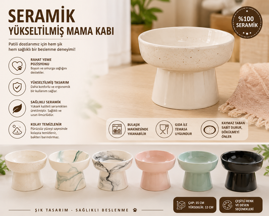 Yüksek Altlıklı Oval Seramik Mama Su Kabı 250 ml Çeşitli Renklerde