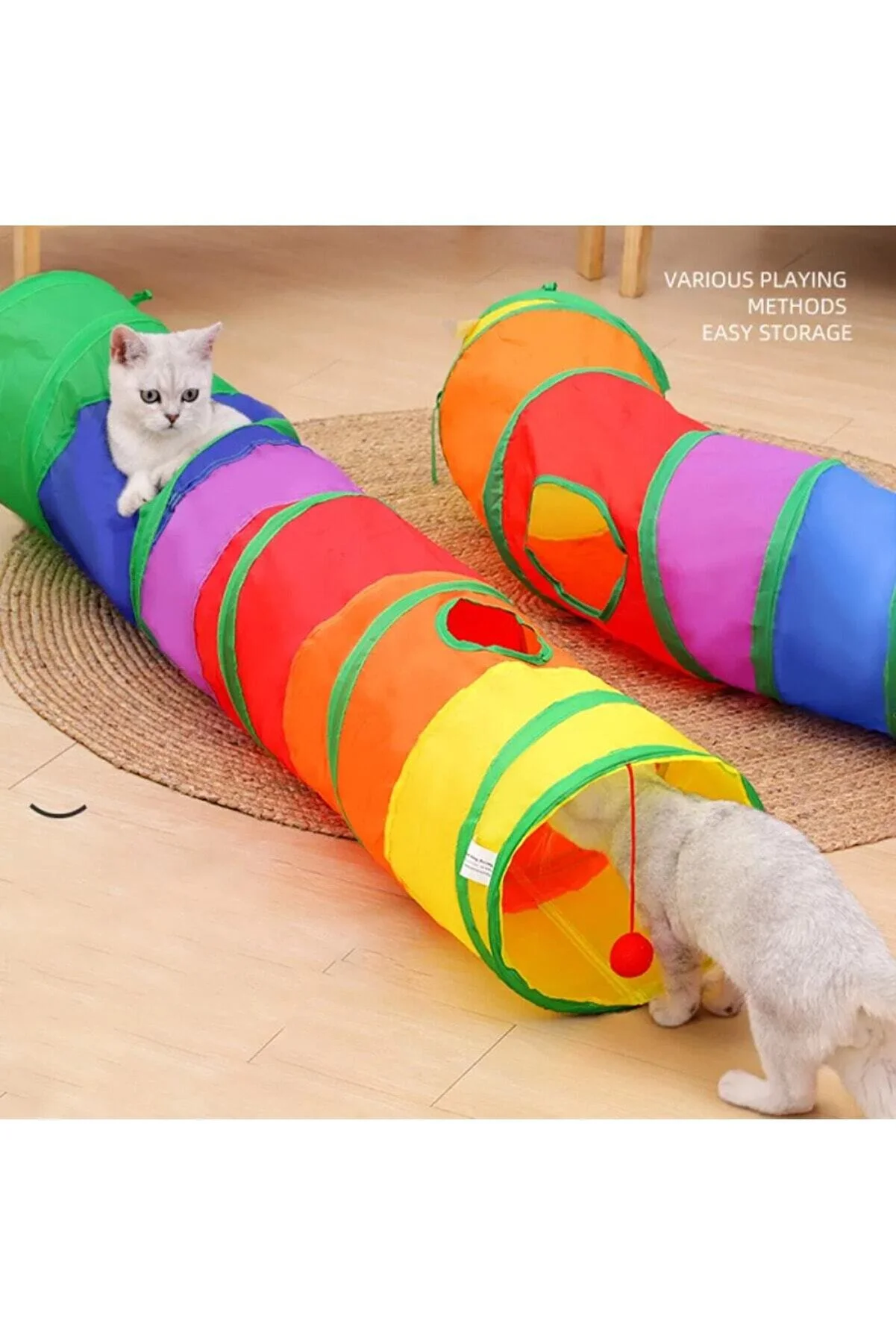 Gökkuşağı Desenli  Kedi Oyun Tüneli, Katlanabilir 125 cm