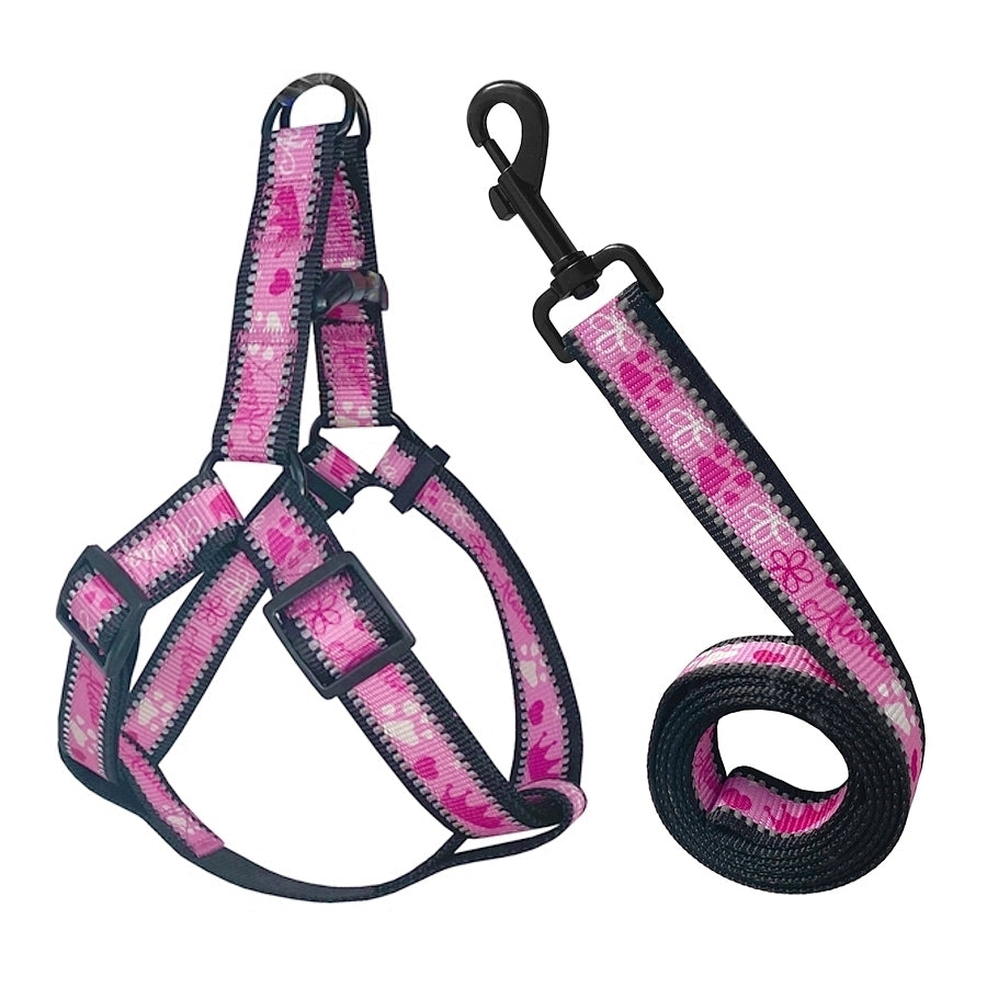 Köpek Göğüs Tasma Seti Reflektörlü Taç Desenli 120 cm-50 cm-70 cm Pembe