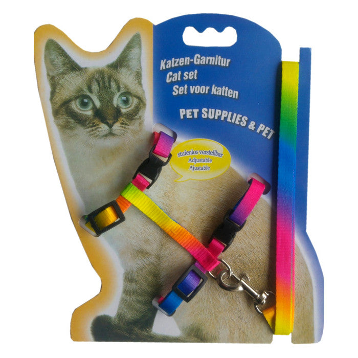 Gök Kuşağı Desen Kedi Göğüs Bel Tasma Takımı