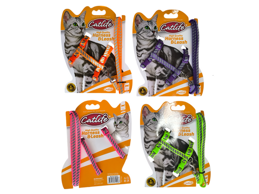Catlife Fosforlu Şeritli Kedi Göğüs Bel Tasması + Gezdirme İpi