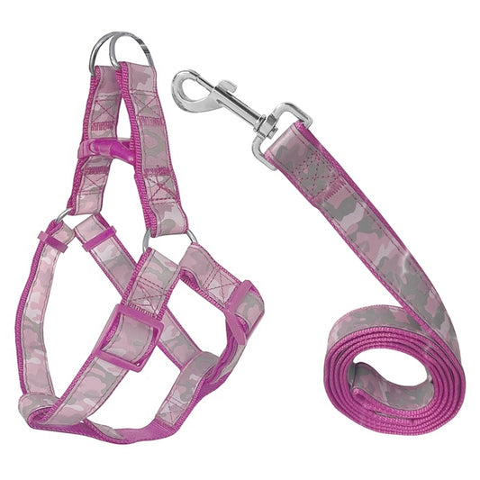 Köpek Göğüs Tasma Seti Reflektörlü Kamuflaj Desenli 120 cm-40 cm-56 cm Pembe