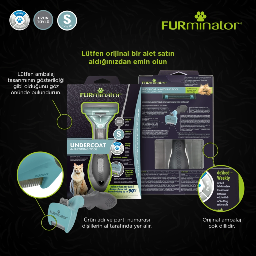 Furminator Uzun Tüylü Long Hair Kediler için Tüy Toplayıcı Kedi Tarağı 3,9cm [S]