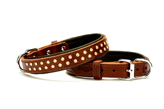 Doggie Konforlu Deri Swarovski Kristal Taşlı Köpek Boyun Tasması 2 x 32-39 cm Kahverengi