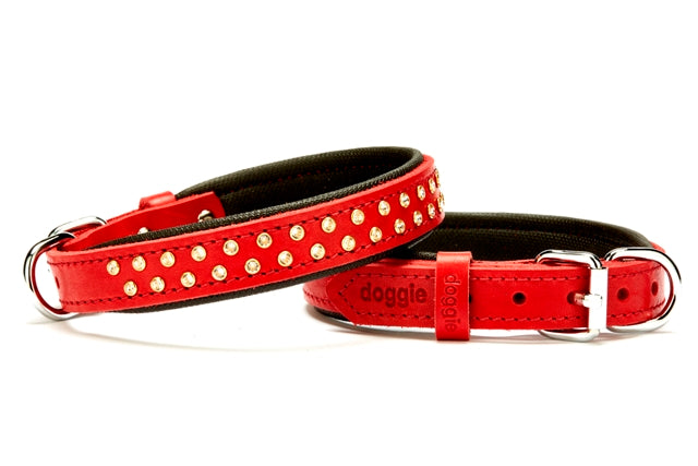 Doggie Konforlu Deri Swarovski Kristal Taşlı Köpek Boyun Tasması 2 x 32-39 cm Kırmızı
