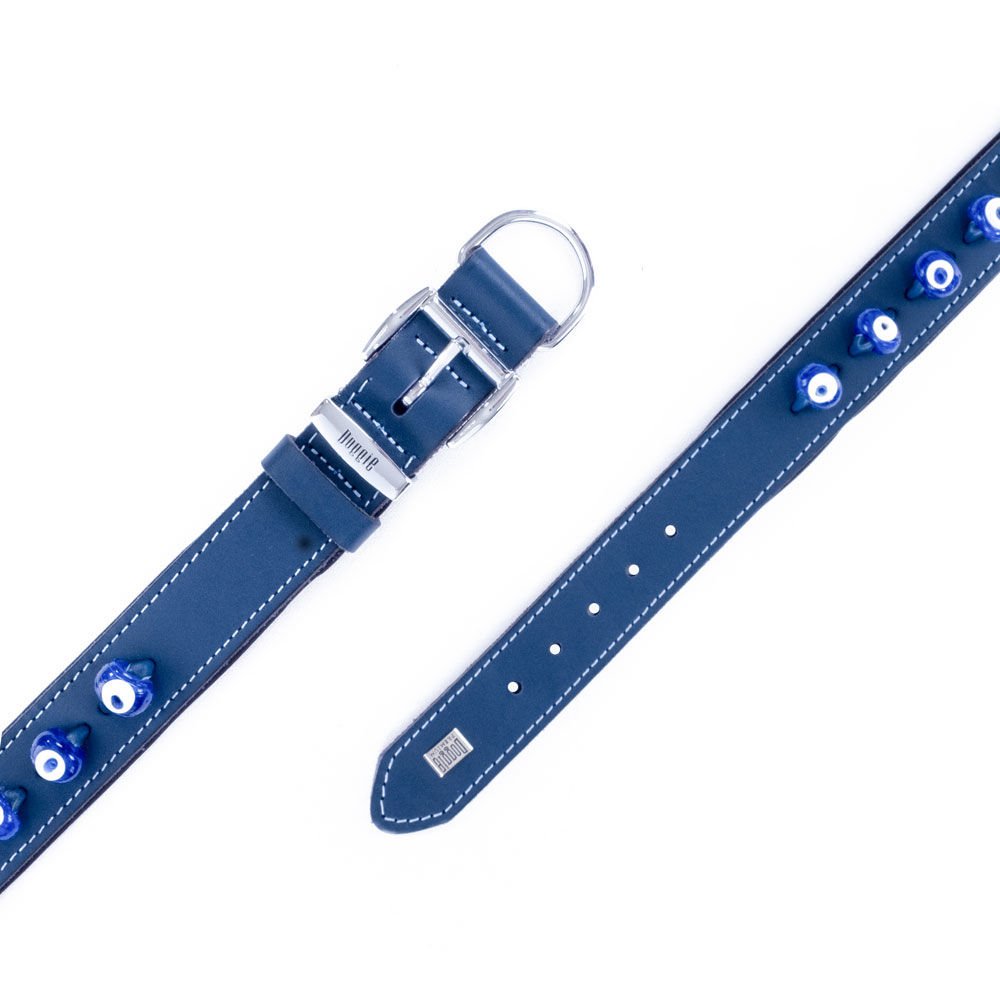 Doggie Nazar Boncuklu Deri Köpek Boyun Tasması 4x47-55 cm Mavi