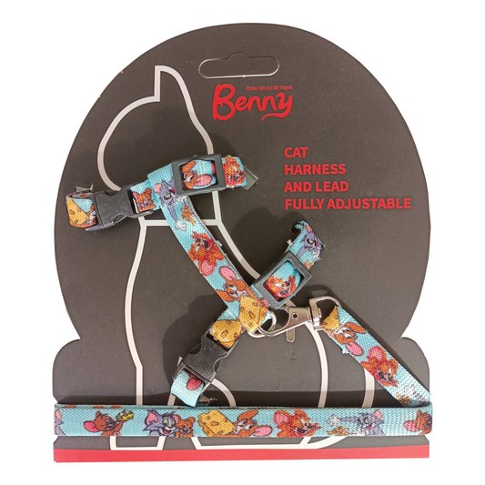 Markapet Tom and Jerry Desenli Kedi Göğüs Tasması + Gezdirme Kayışı 110 cm